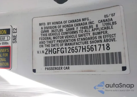 2007 Honda Civic Lx z USA, uszkodzony, nr VIN 2HGFG12657H561718